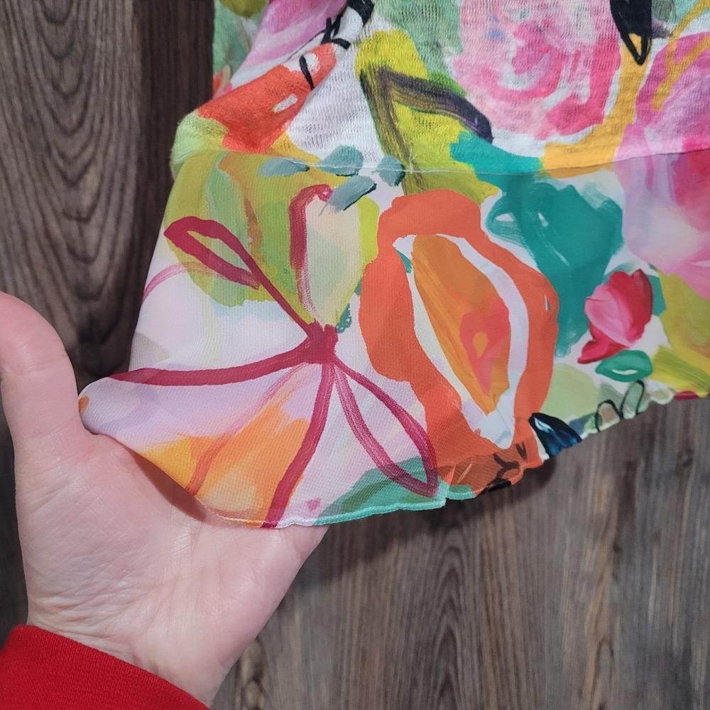 Jess & Jane Sangria Light Knit Top Chiffon Asymmetric Contrast L Vibrant Floral - Picture 7 of 12